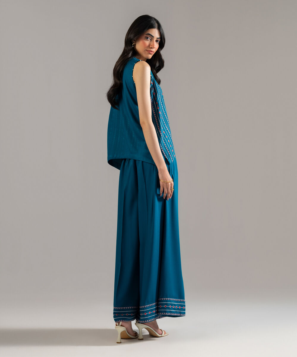 Women's RTW Bedford Solid Embroidered Teal Straight Shirt