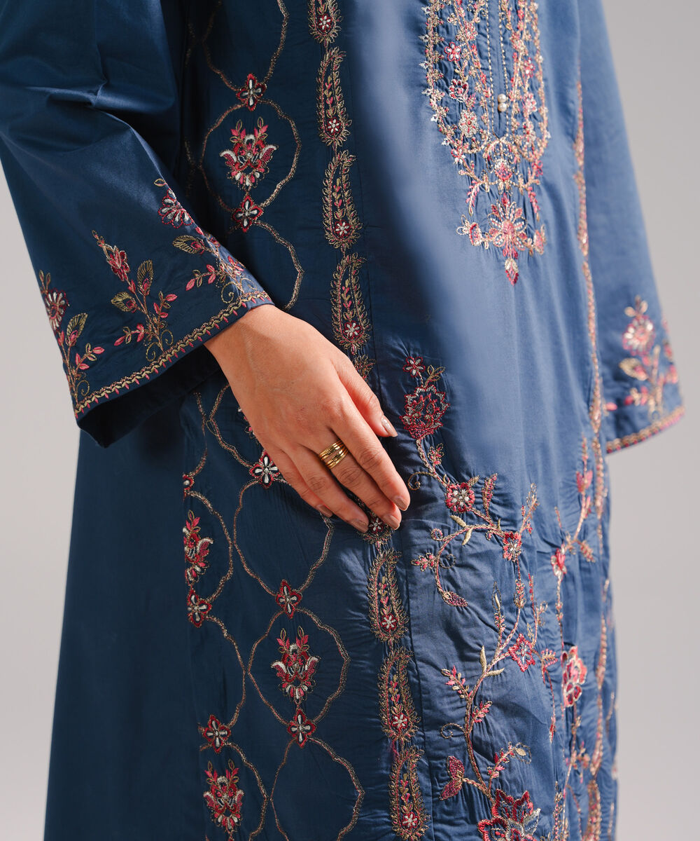 Women's RTW Lawn Embroidered Dark Blue 3 Piece Suit