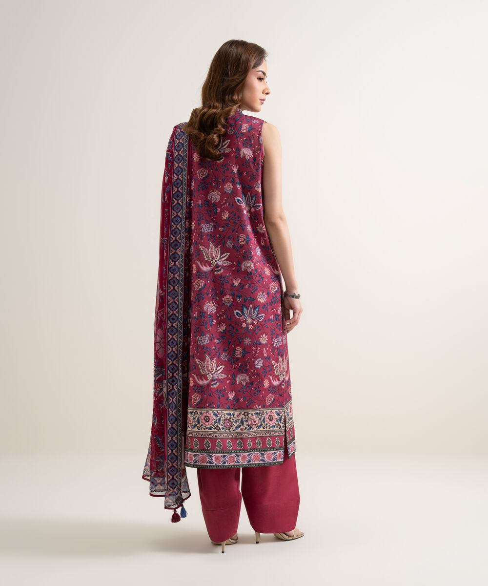 Women's Unstitched Lawn Printed Maroon 3 Piece Suit