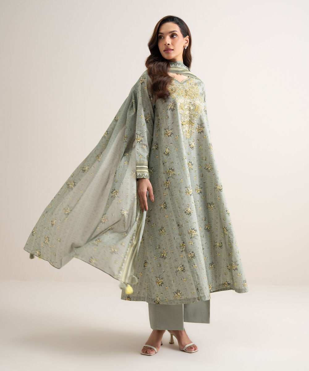 Women's Unstitched Lawn Embroidered Grey
