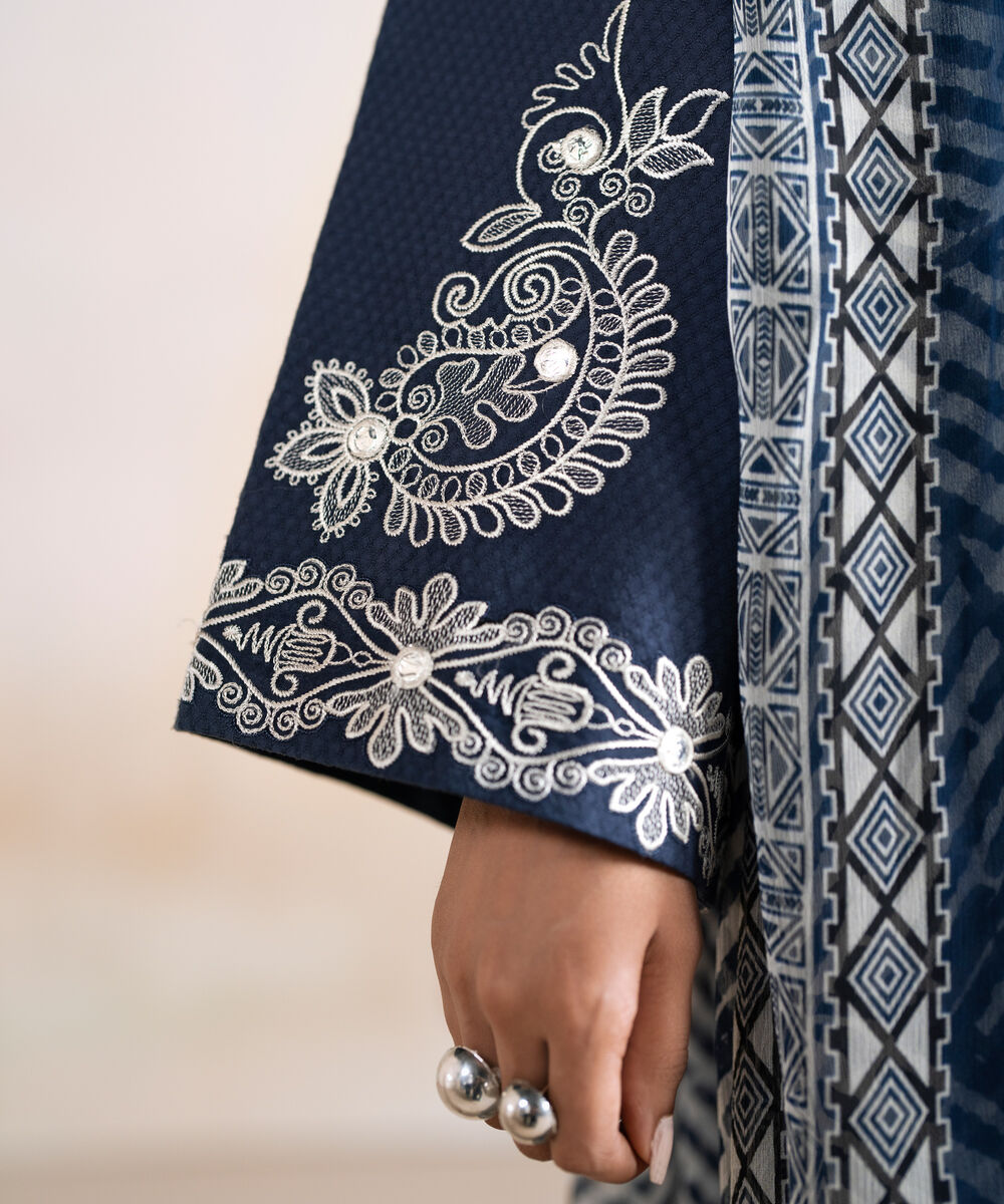 Women's Unstitched Dobby Embroidered Blue 3 Piece Suit