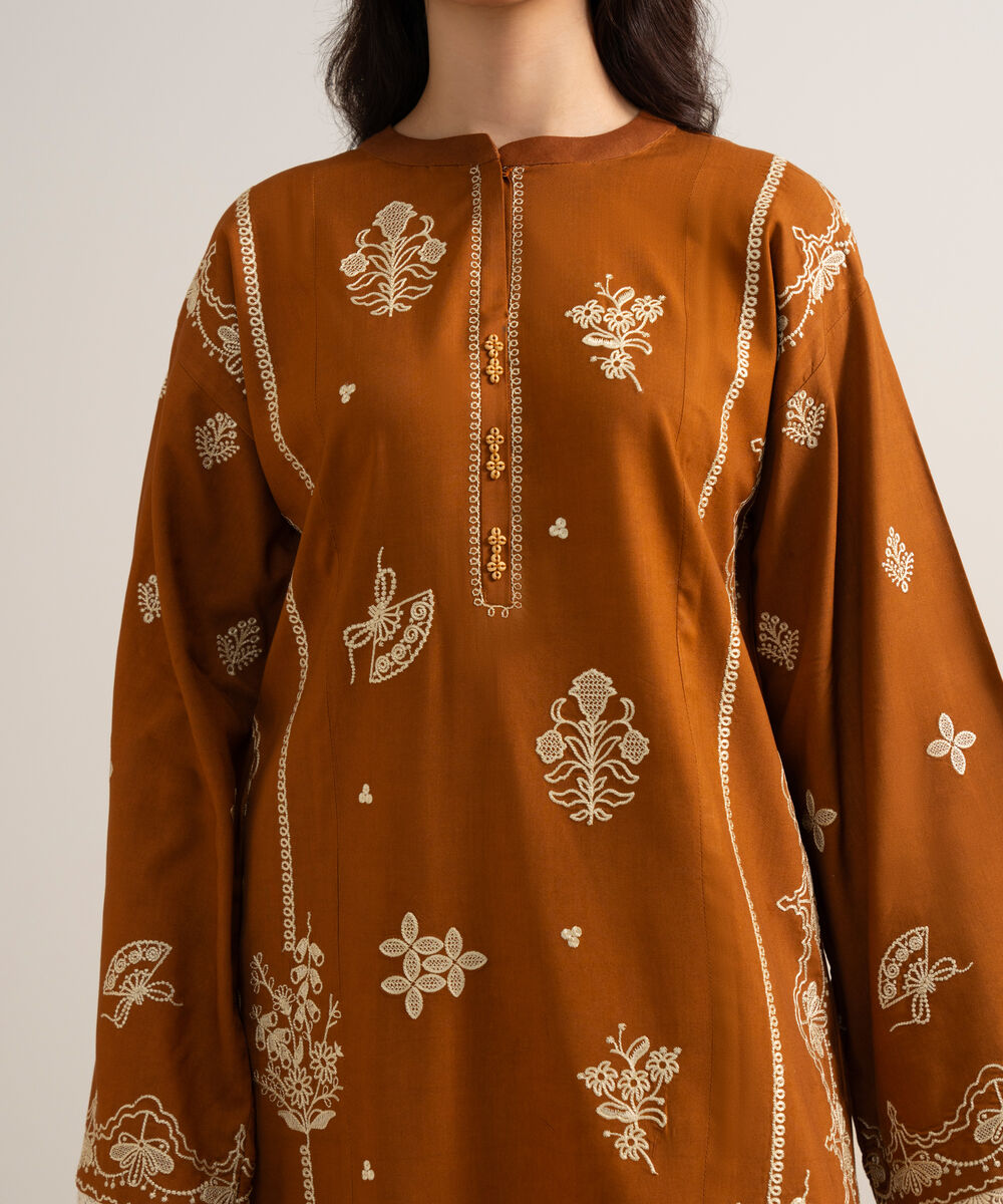 Women's Unstitched Embroidered Linen Mustard 3 Piece Suit