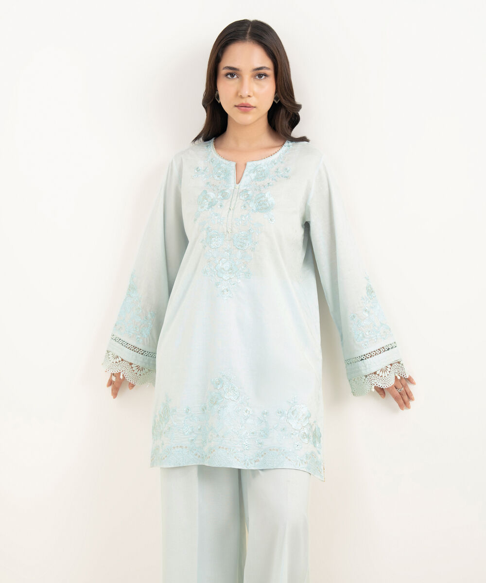 Women's RTW Self Jacquard Embroidered Blue Straight Shirt