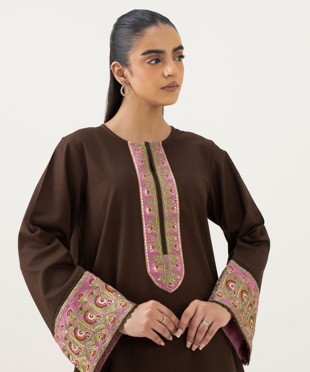 Women's RTW Cambric Embroidered Brown Straight Shirt