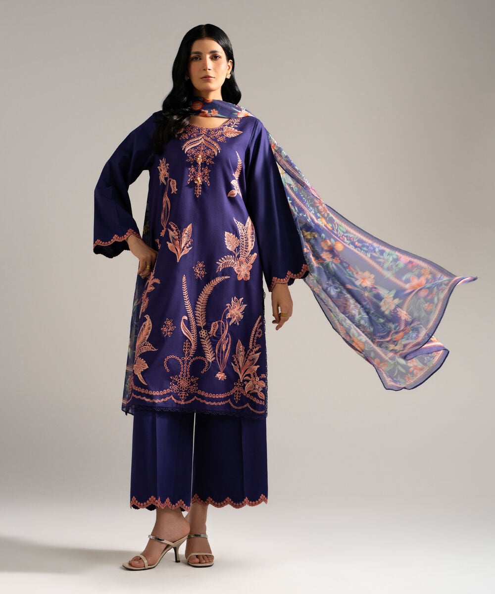 Women's RTW Dobby Crepe Embroidered Blue 3 Piece Suit