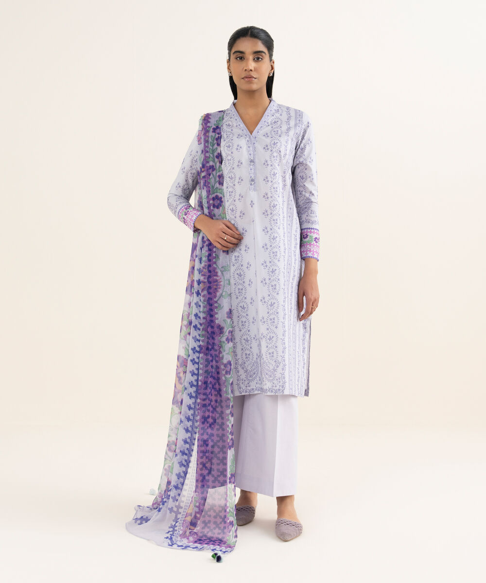 Women's Unstitched Lawn Printed Purple 3 Piece Suit