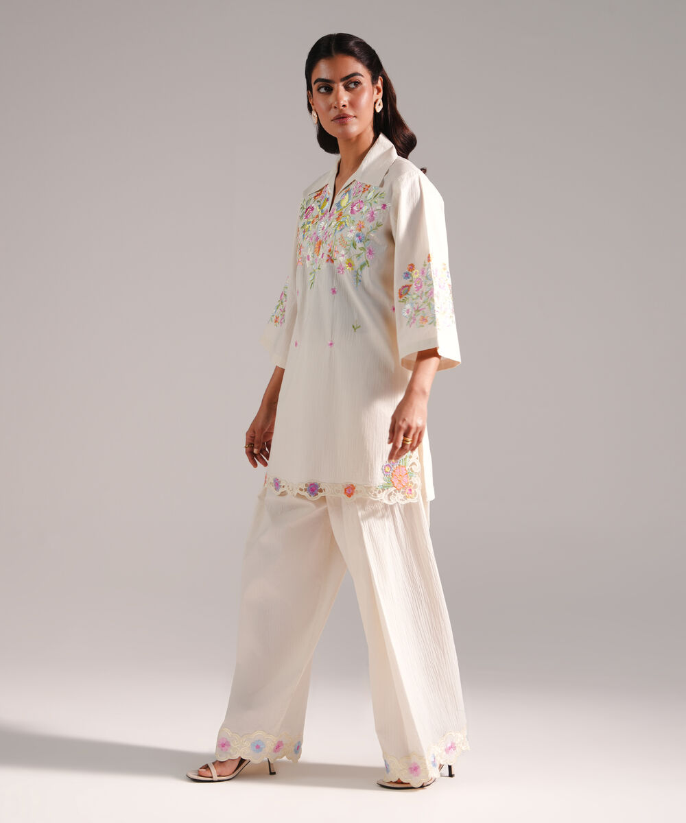 Women's RTW Seersucker Embroidered Off White Straight Shirt