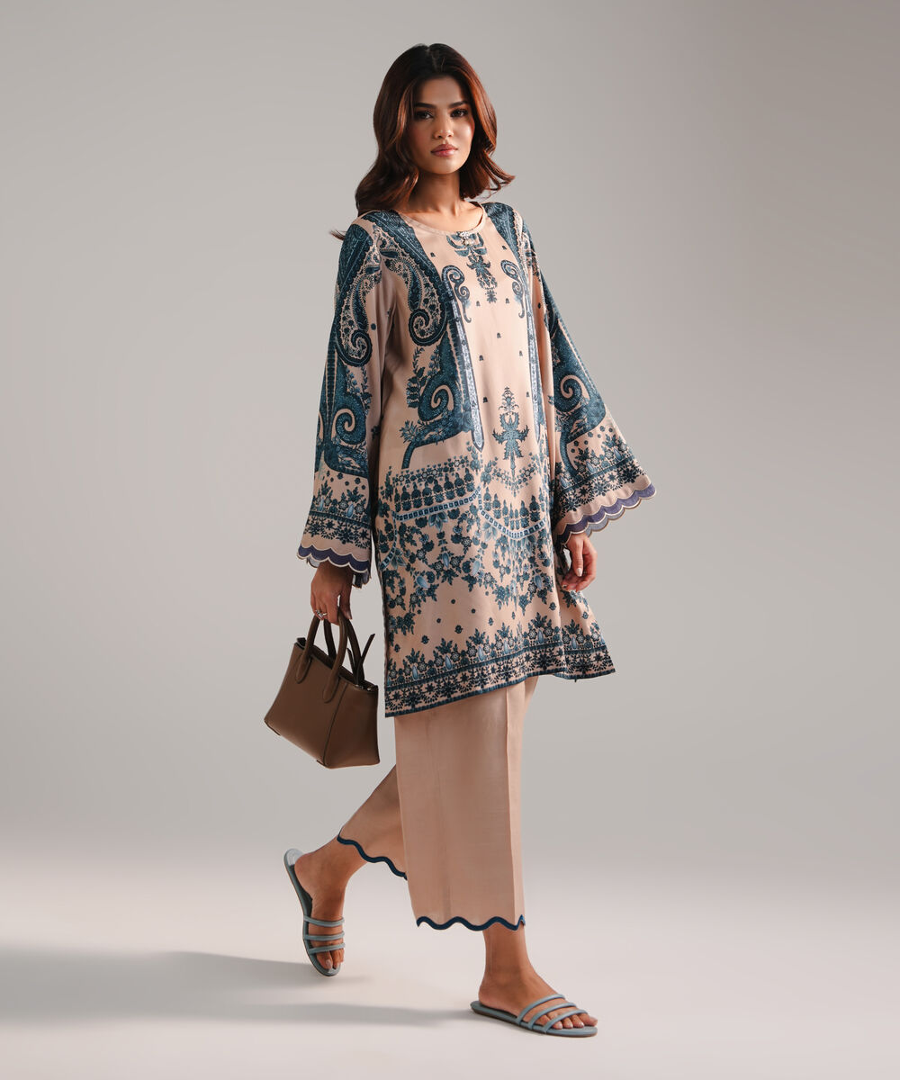 Women's RTW Satin Viscose Embroidered Beige 2 Piece Suit