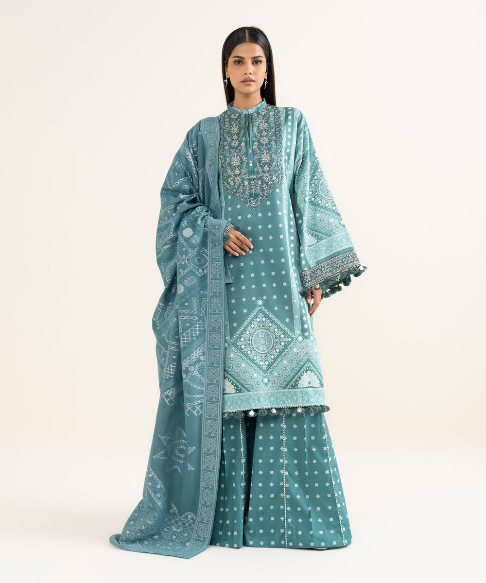 Women's Unstitched Fine Cotton Satin Embroidered Blue 3 Piece Suit