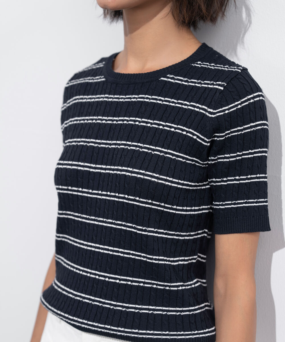 Women's Western Wear Blue Short Sleeve Striped Sweater