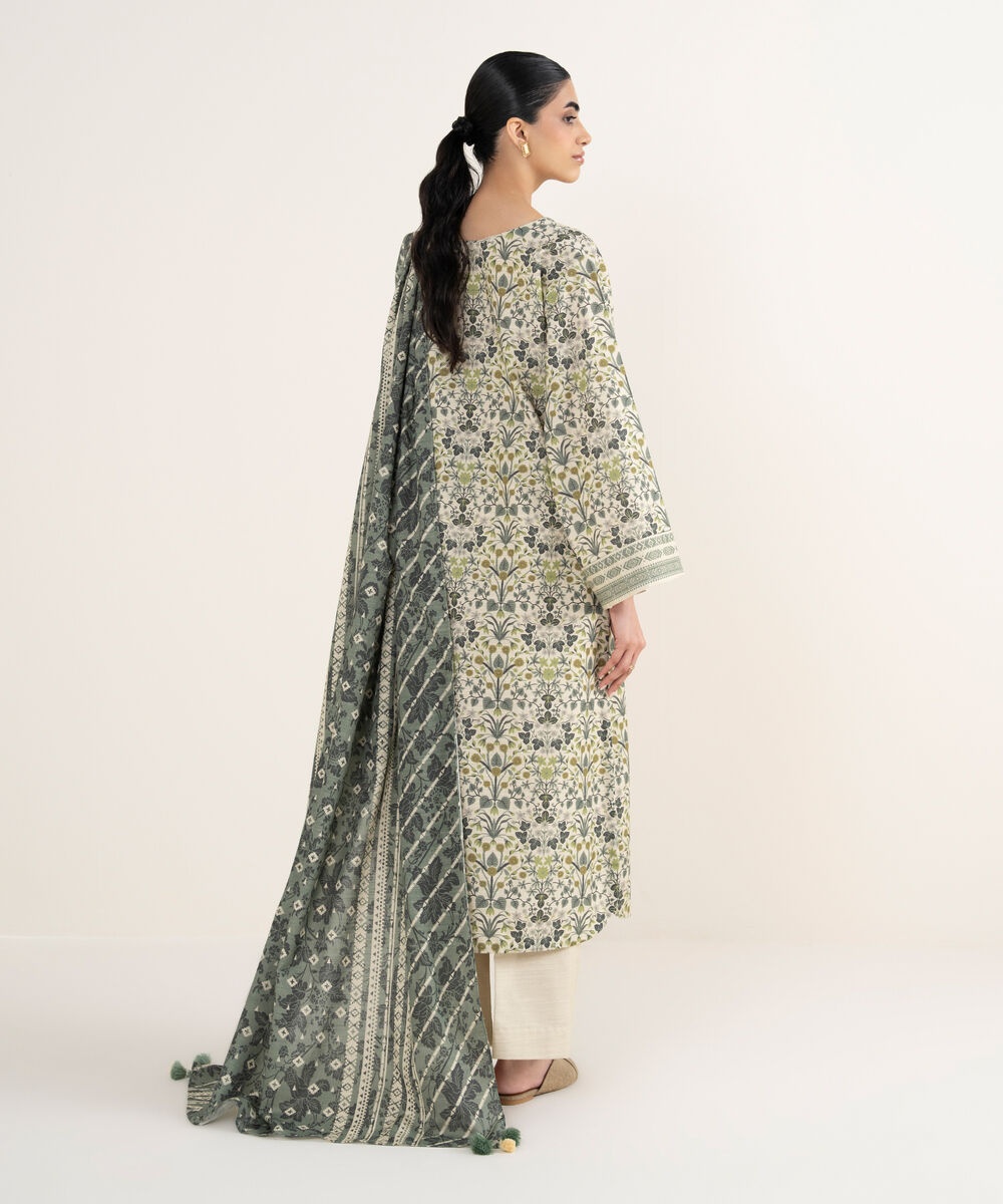 Women's Unstitched Printed Khaddar Off White and Grey 3 Piece Suit