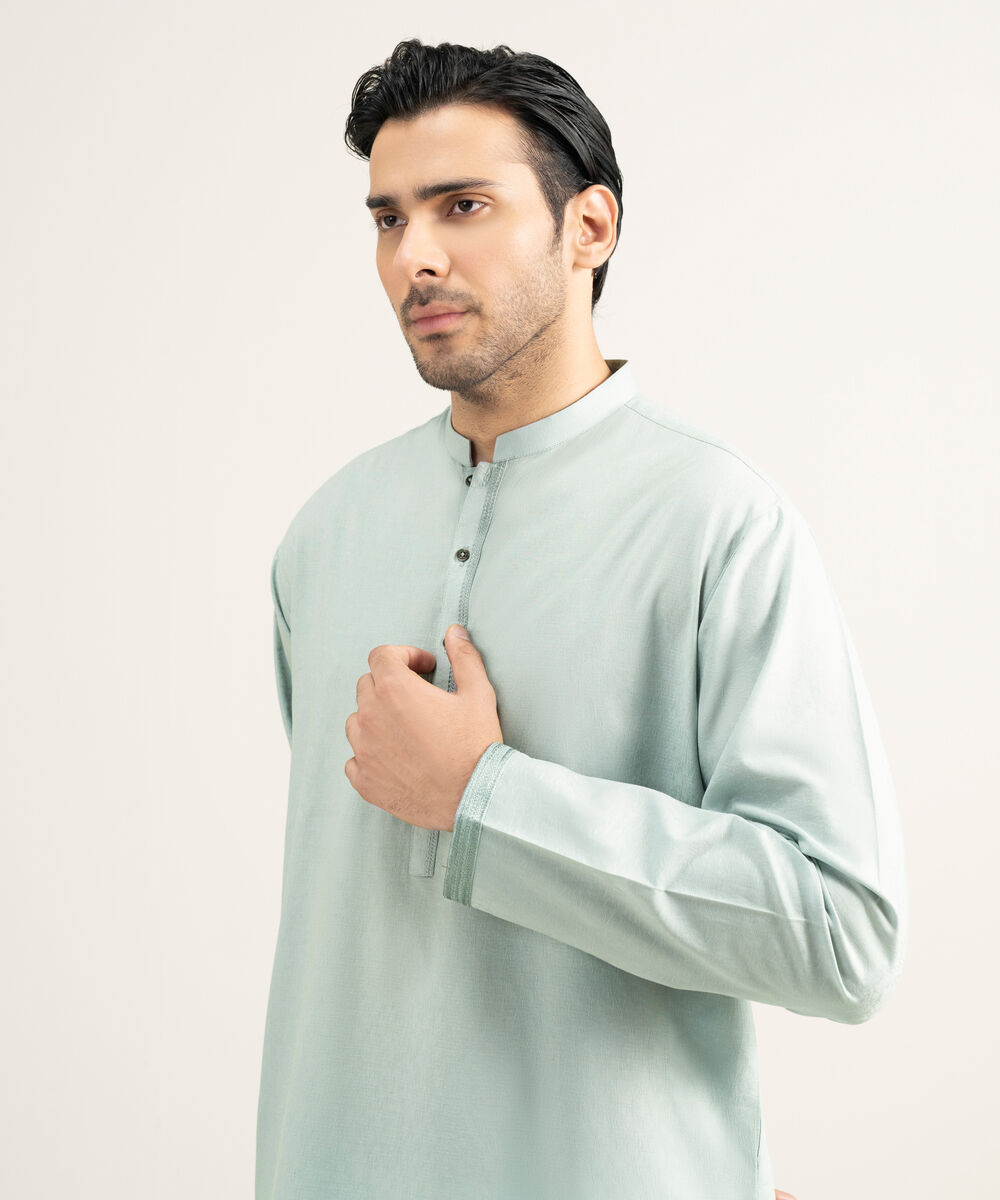 Men's Stitched Cotton Jacquard Aqua Kurta