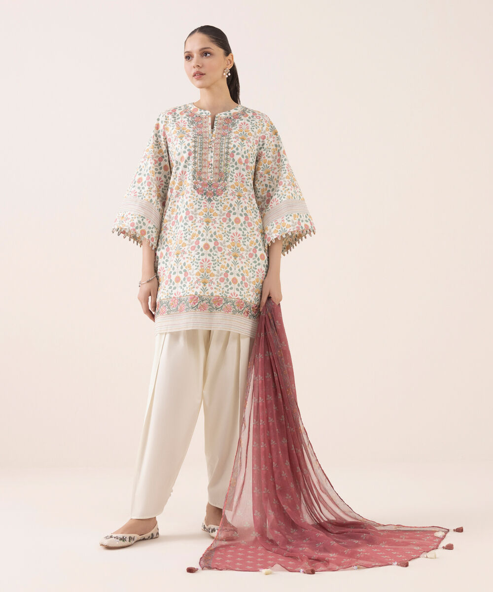 Women's Unstitched Cotton Embroidered Multi Three Piece Suit