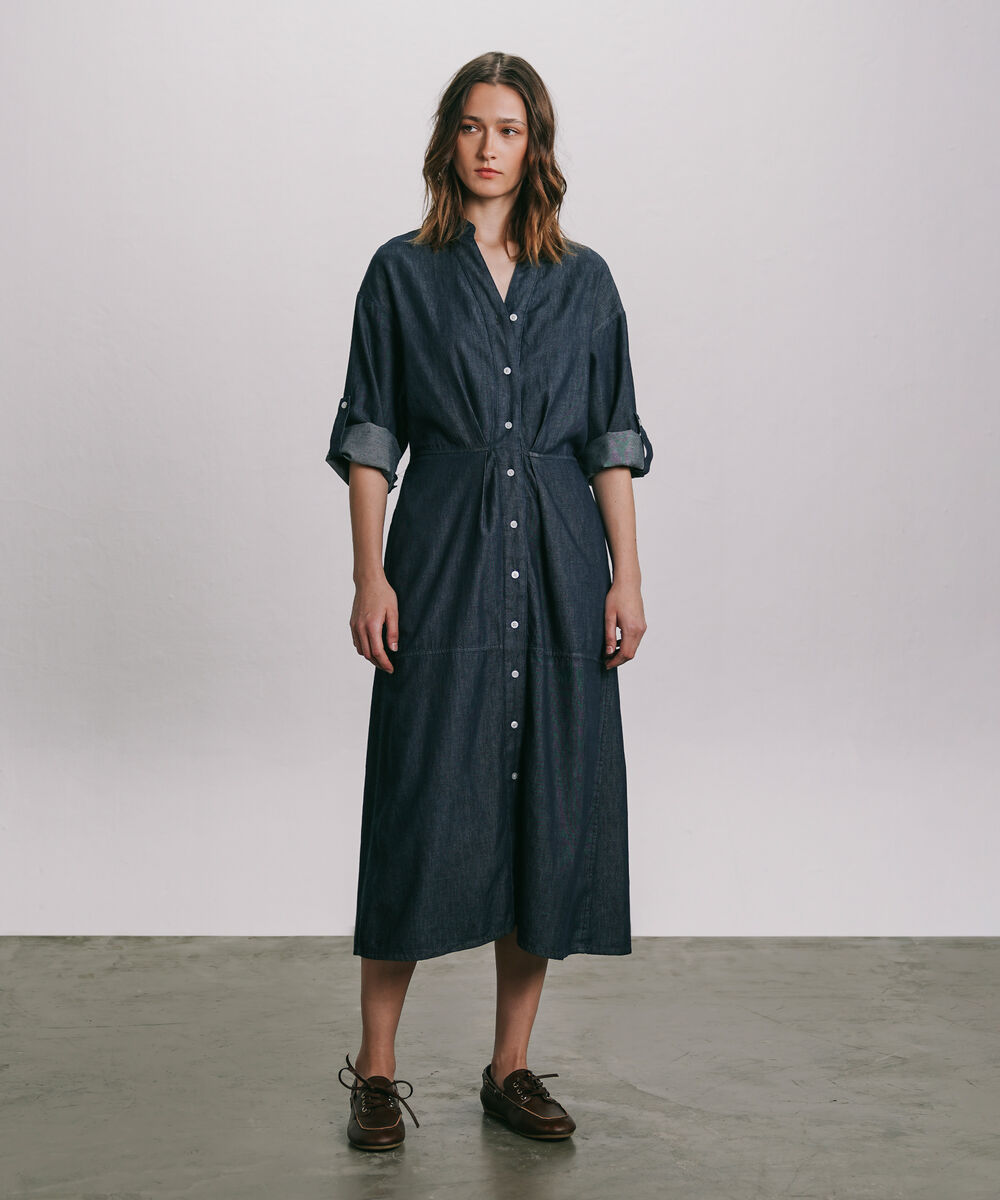 Women's Western Wear Blue Denim Dress With Waist Pleats