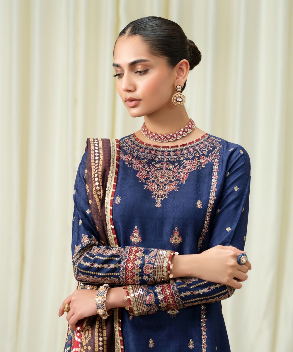 Women's Unstitched Embroidered Viscose Jacquard Blue 3 Piece Suit