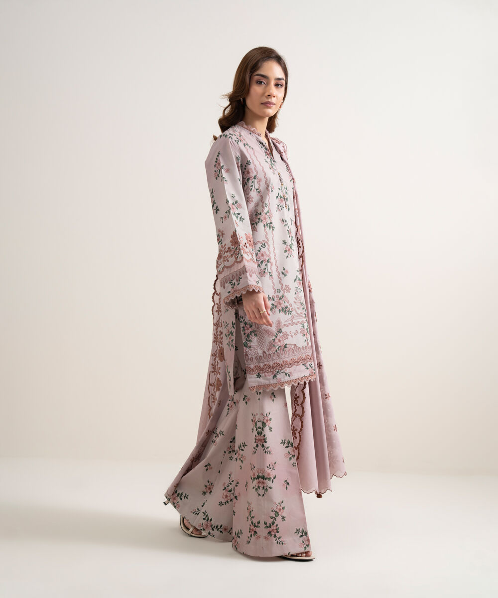 Women's Unstitched Lawn Embroidered Light Grey  3 Piece Suit