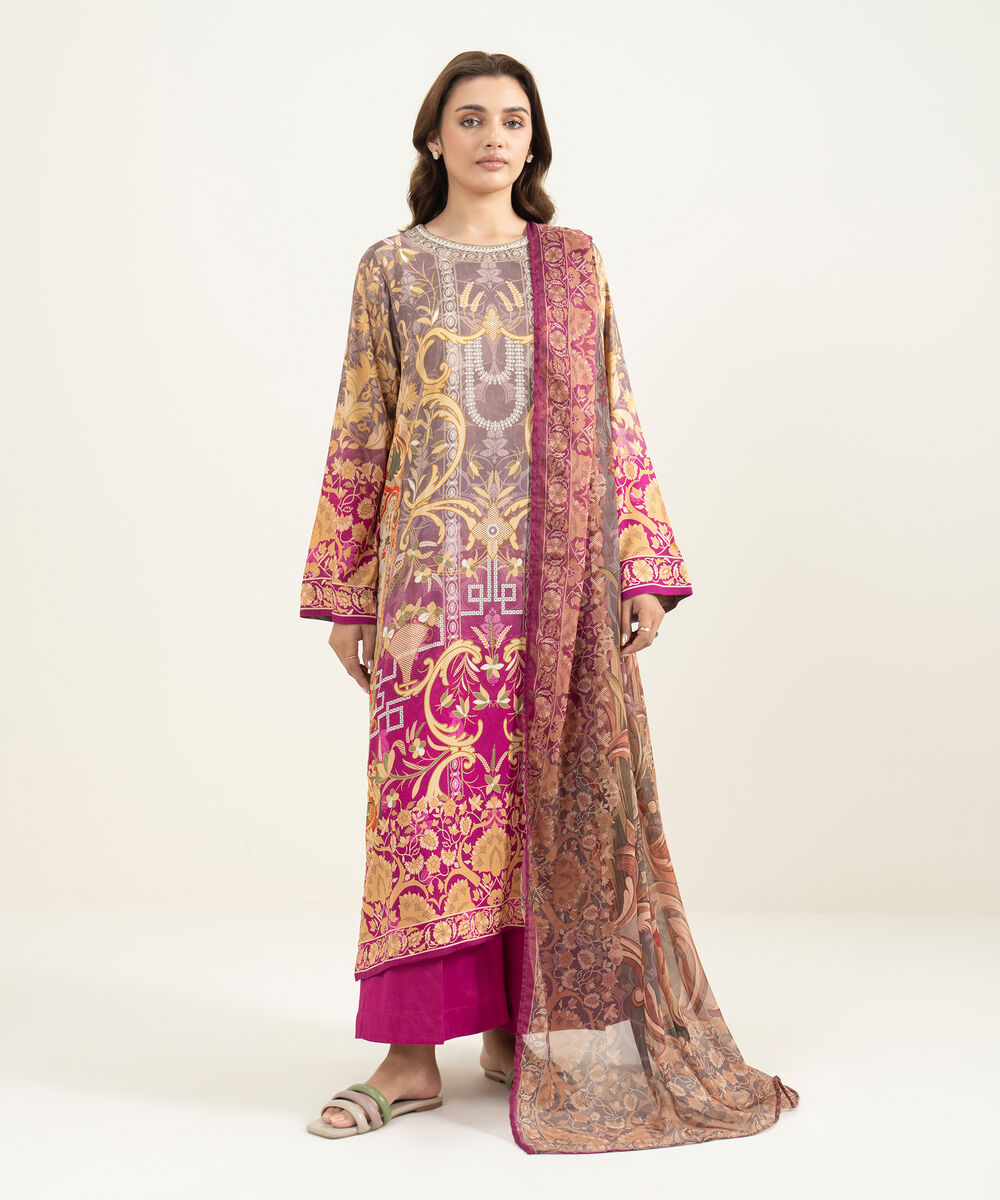 Women's RTW Viscose Raw Silk Printed Pink 3 Piece Suit