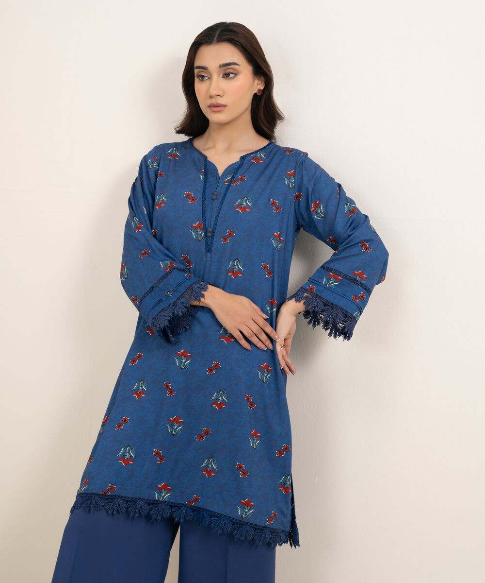 Women's RTW Arabic Lawn Printed Dark Blue Straight Shirt