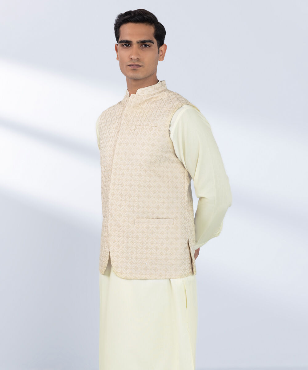 Men's Stitched Embroidered Off White Waistcoat