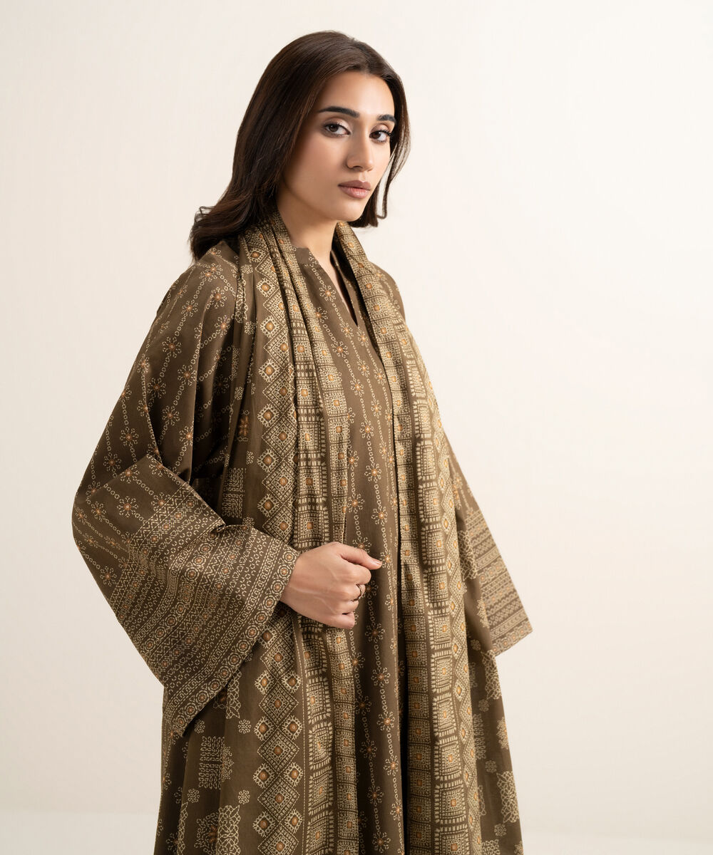 Women's Unstitched Lawn Printed Brown 3 Piece Suit