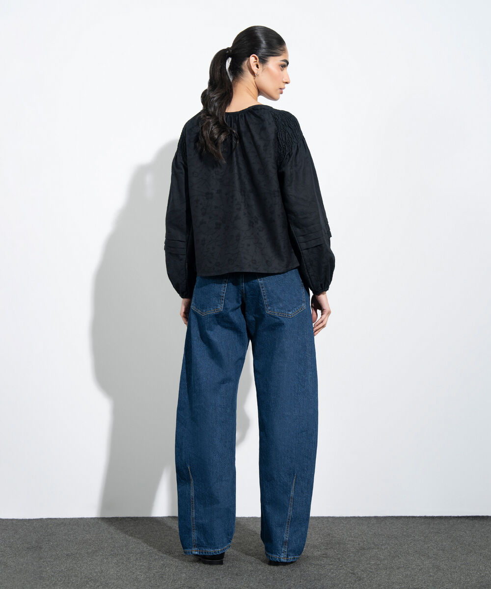 Women's Western Black Floral Textured Jacquard Blouse