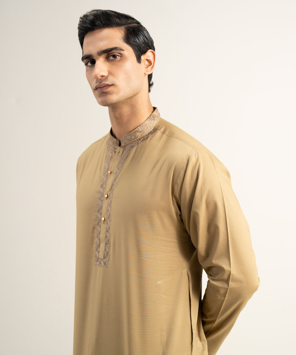 Men's Stitched Cotton Jacquard Khaki Kurta