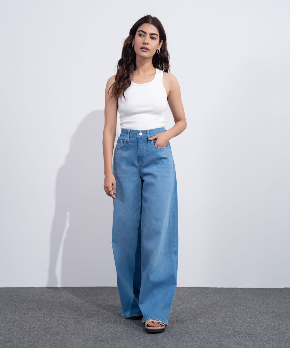 Women's Western Mid Blue Wash High Rise Wide Leg Jeans