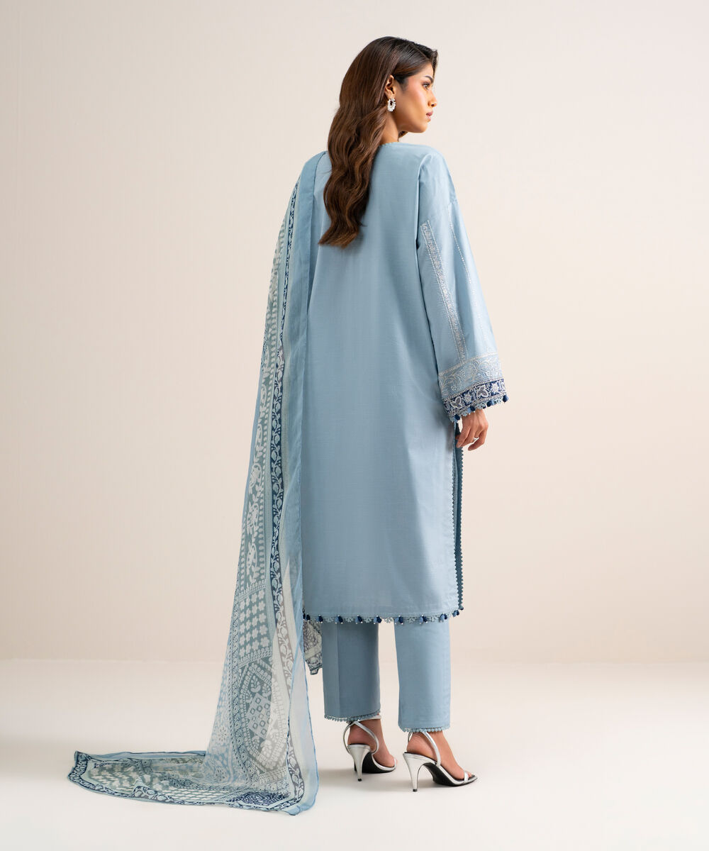 Women's Unstitched Textured Lawn Embroidered Blue  3 Piece Suit