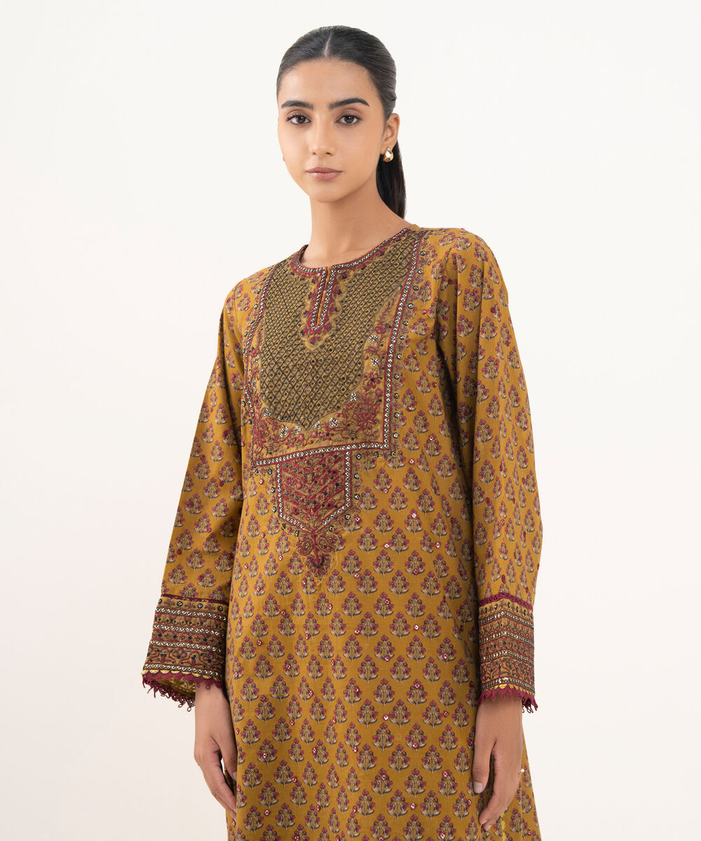 Women's RTW Textured Lawn Mustard Embroidered A-Line Shirt