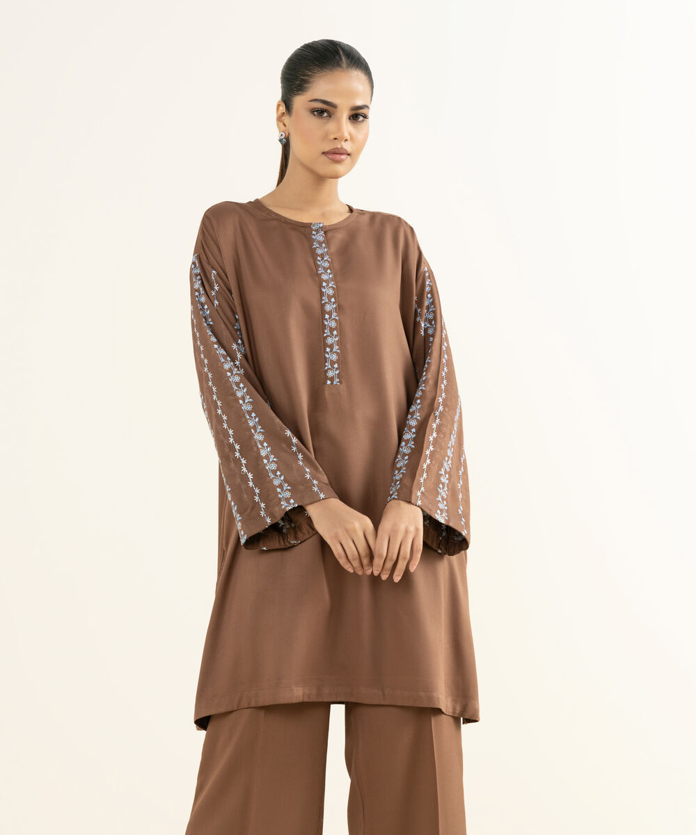 Women's RTW Bedford  Embroidered Brown Drop Shoulder 2 Piece Suit