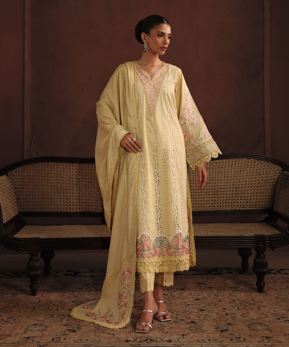 Women's RTW Self Jacquard Solid Embroidered Pale Yellow 3 Piece Suit
