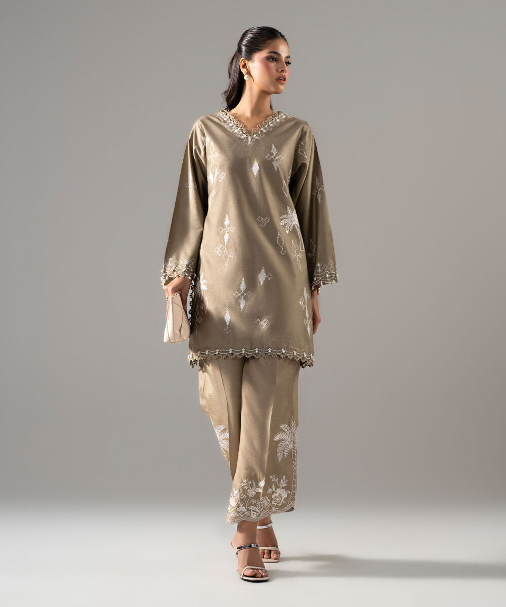 Women's RTW Cotton Net Solid Embroidered Muted Green 2 Piece Suit