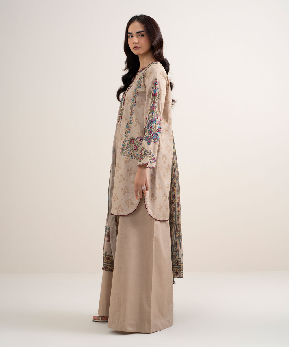 Women's Unstitched Lawn Embroidered Beige 3 Piece Suit