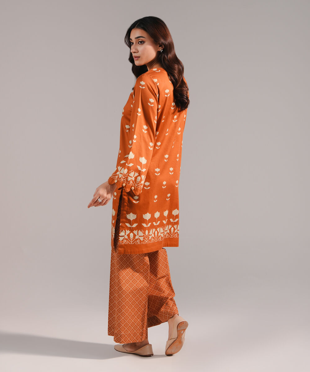 Women's RTW Cotton Satin Printed Brown Straight Shirt