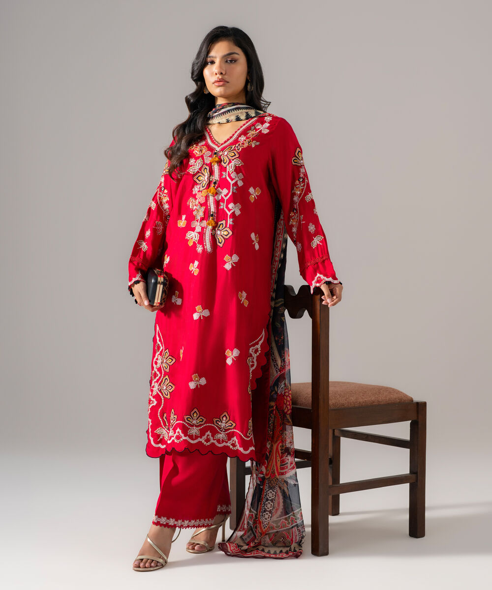 Women's RTW Bright Raw Silk Embroidered Red 3 Piece Suit