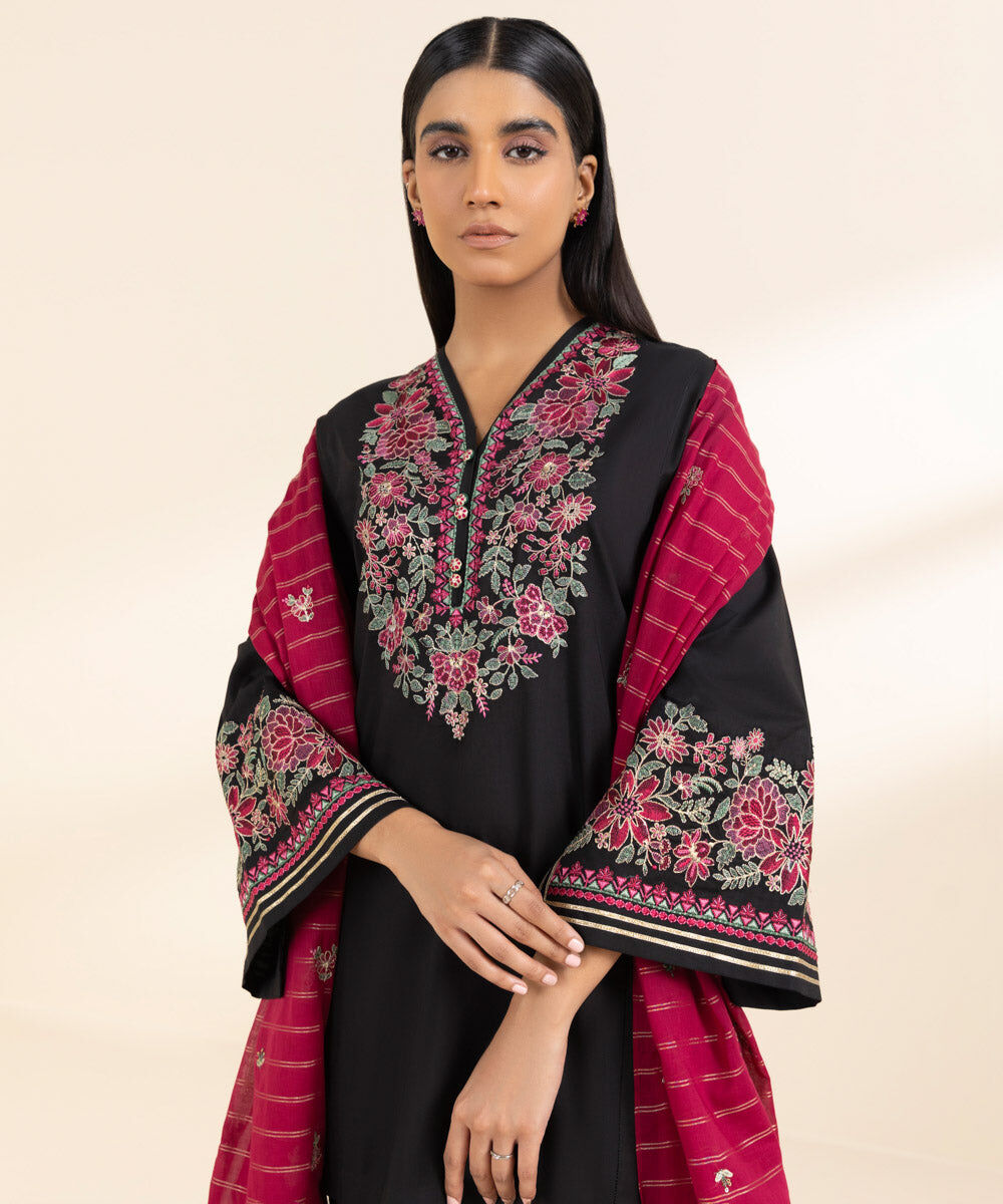 Woman - Black 3 Piece - Embroidered Cotton Suit