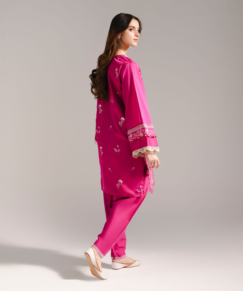 Women's RTW Cotton Satin Embroidered Straight Pink Shirt