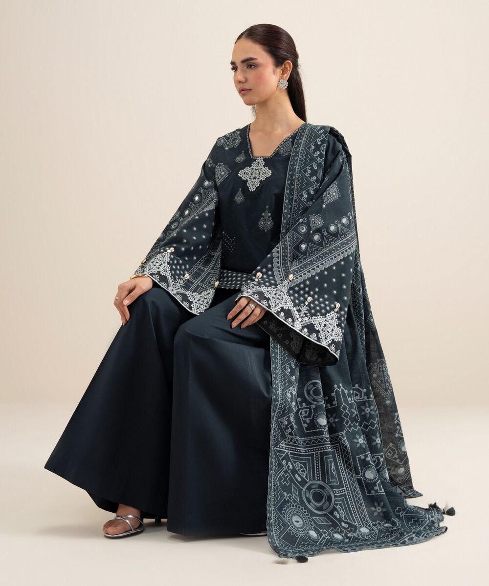 Women's Unstitched Lawn Embroidered Black 3 Piece Suit