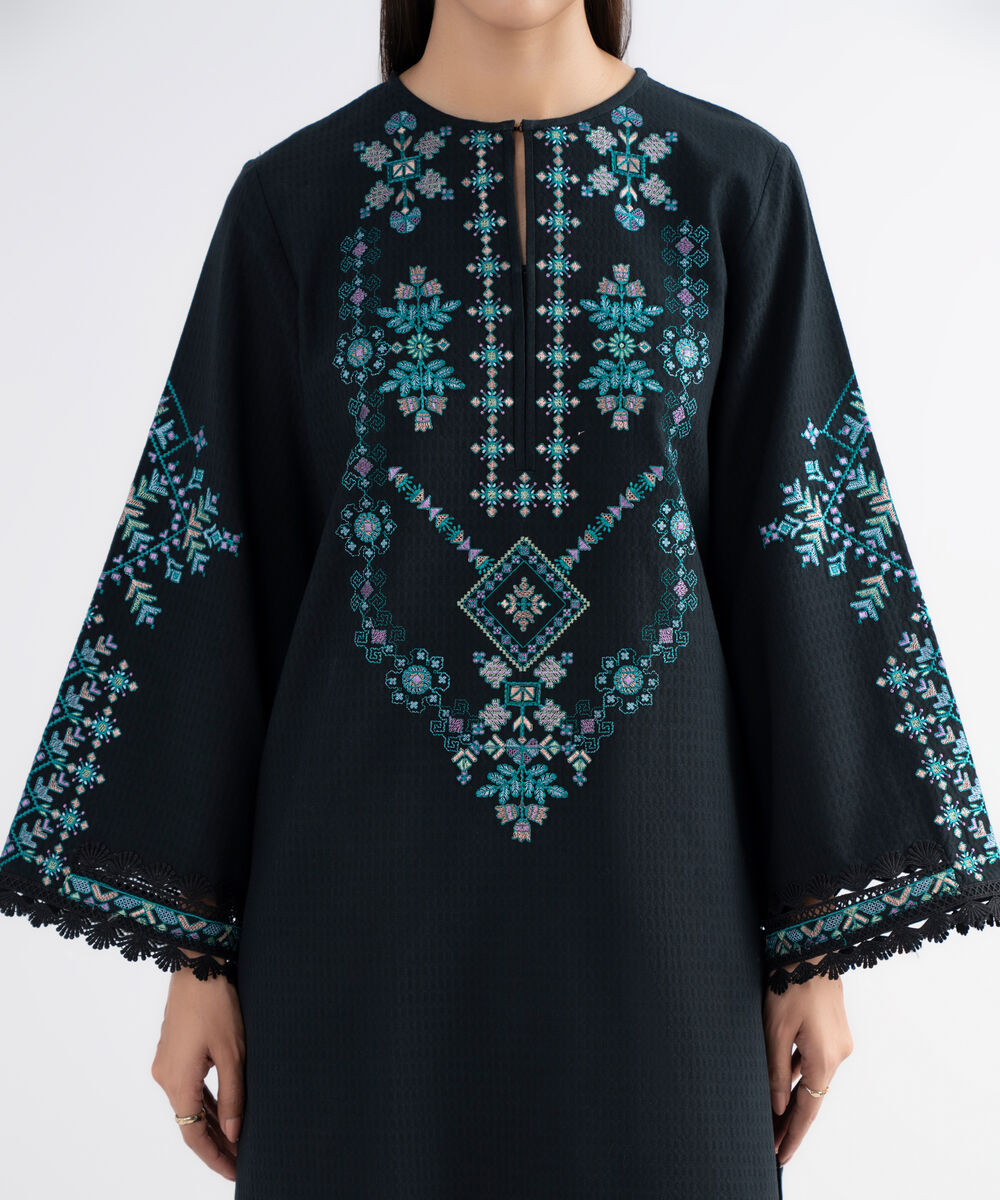 Women's Unstitched Dobby Embroidered Black 2 Piece Suit