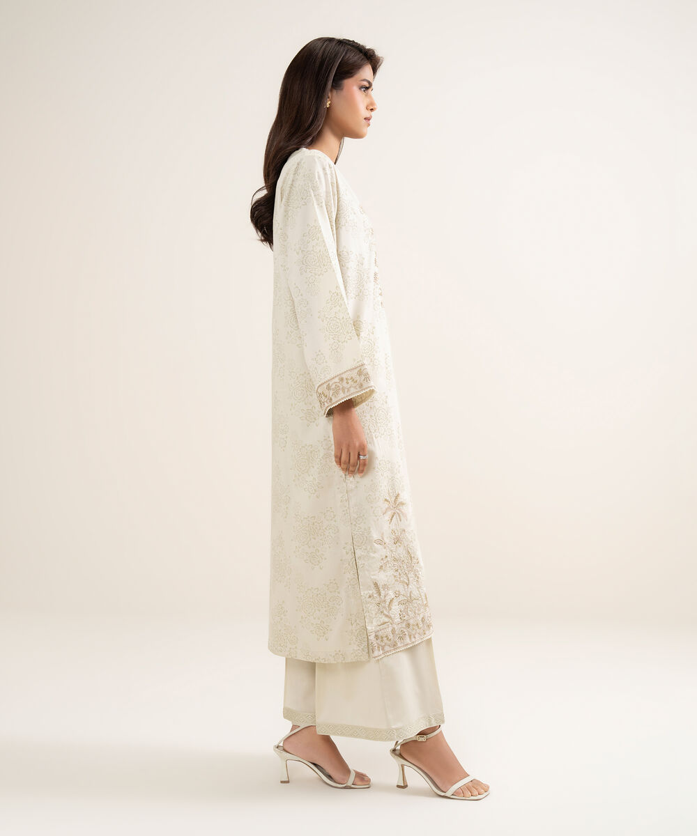 Women's RTW Lawn Embroidered Beige A-Line Shirt