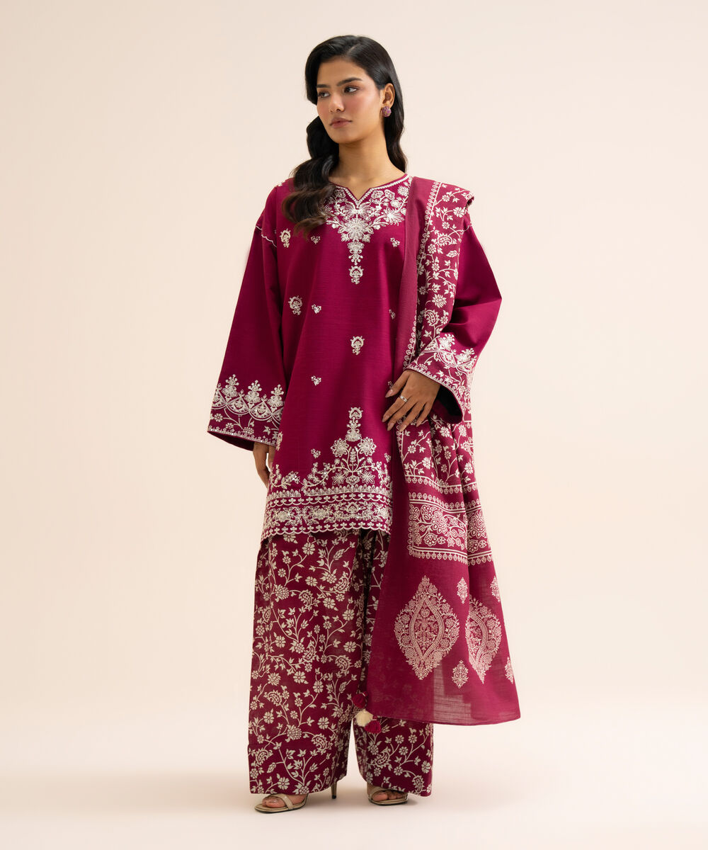 Women's Unstitched Light Khaddar Embroidered Plum 3 Piece Suit