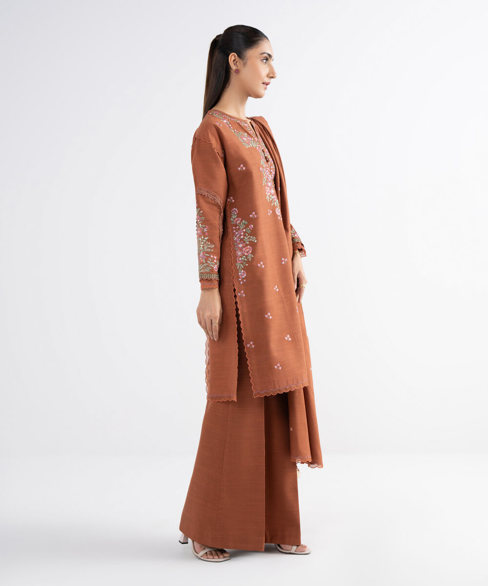 Women's Unstitched Khaddar Embroidered Brown 3 Piece Suit