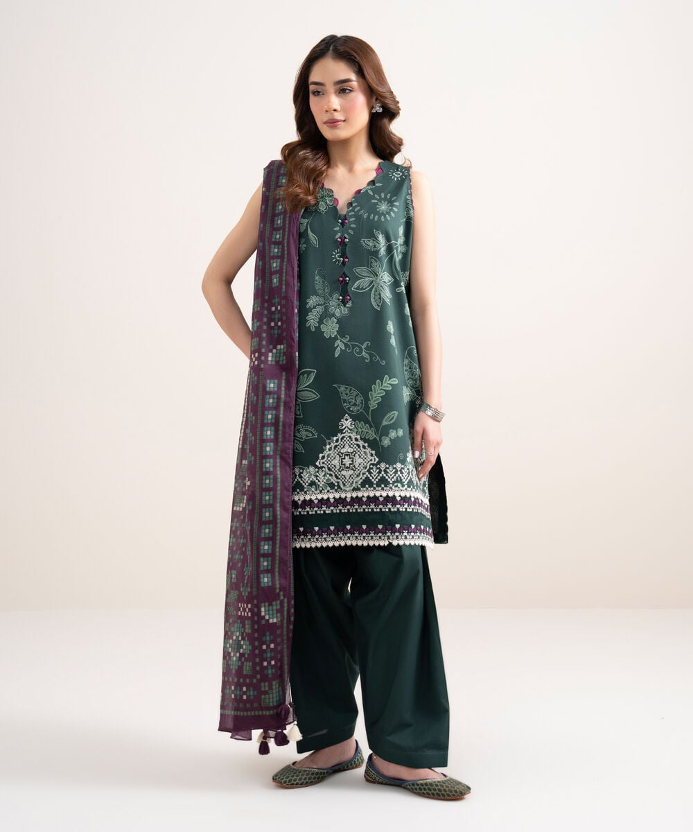 Women's Unstitched Lawn Embroidered Green 3 Piece Suit