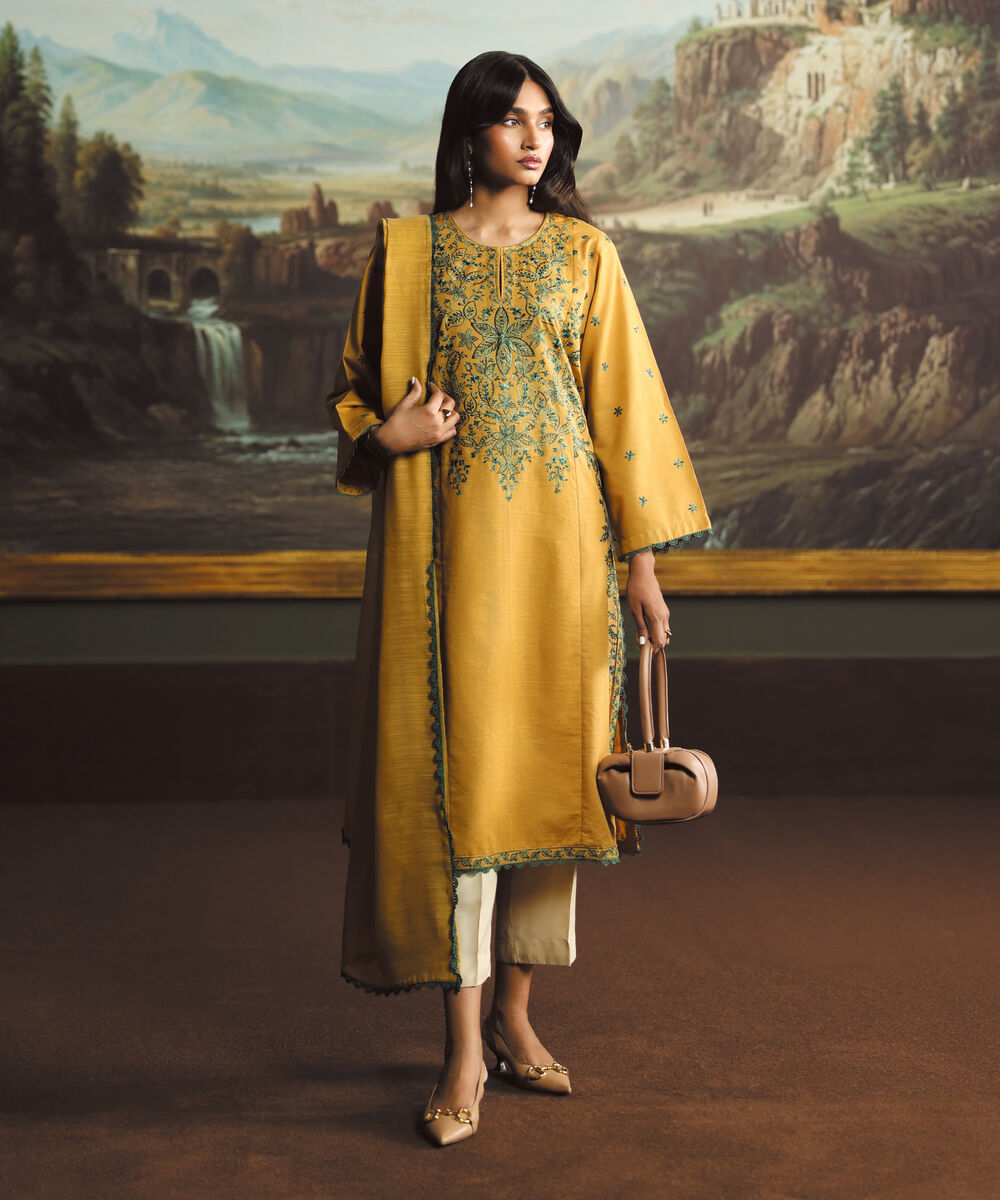 Women's RTW Cotton Embroidered Yellow A-Line Shirt