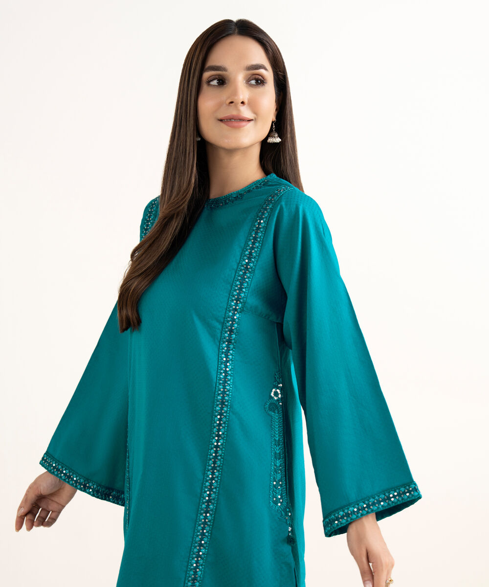 Women's RTW Textured Cotton Blue Embroidered A-Line Shirt