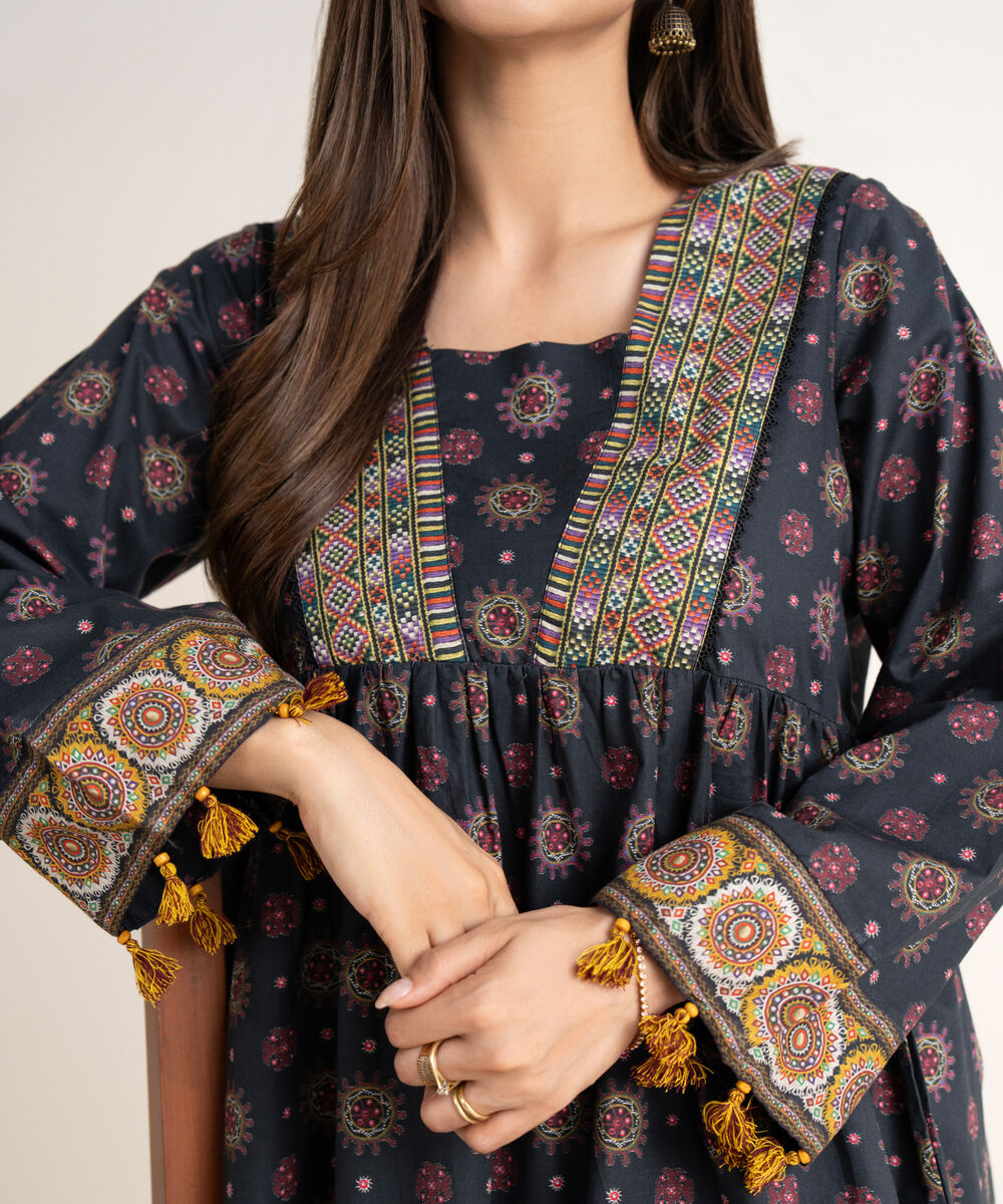 Women's RTW Cambric Black Printed A-Line Shirt