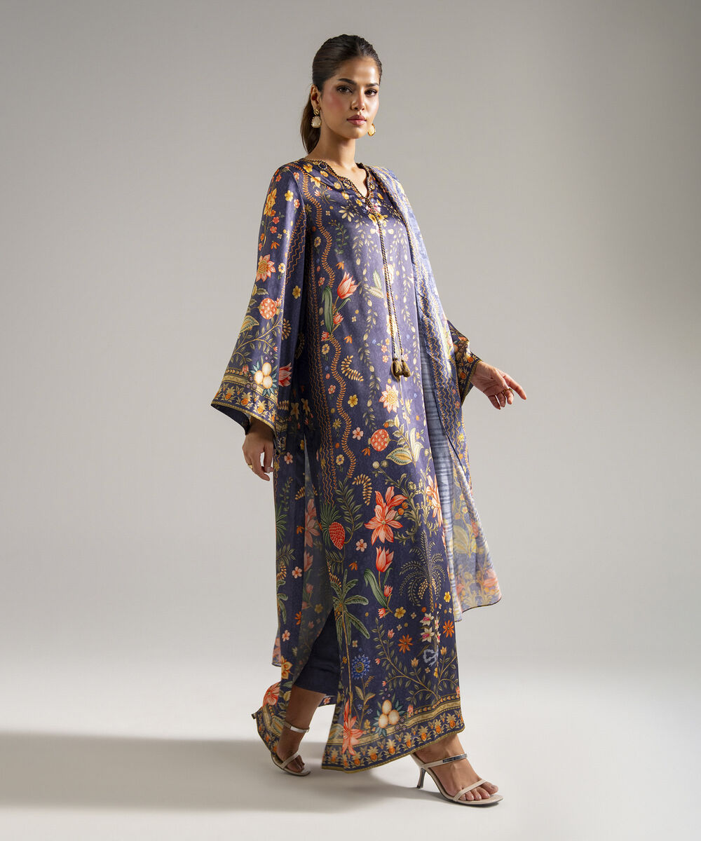 Women's RTW Blended Satin Printed Purple 3 Piece Suit