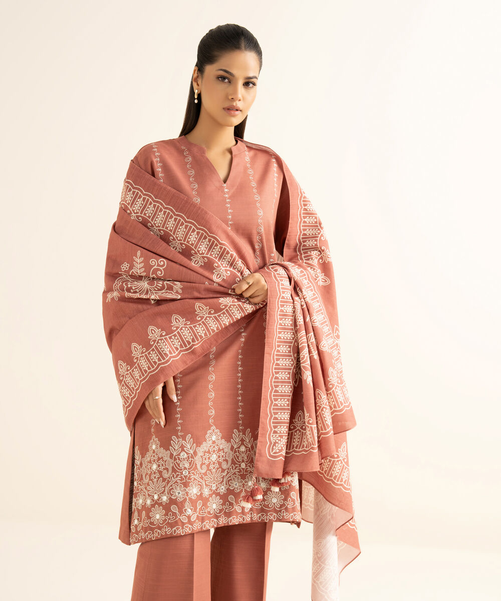 Women's Unstitched Cotton Embroidered Pink 3 Piece Suit