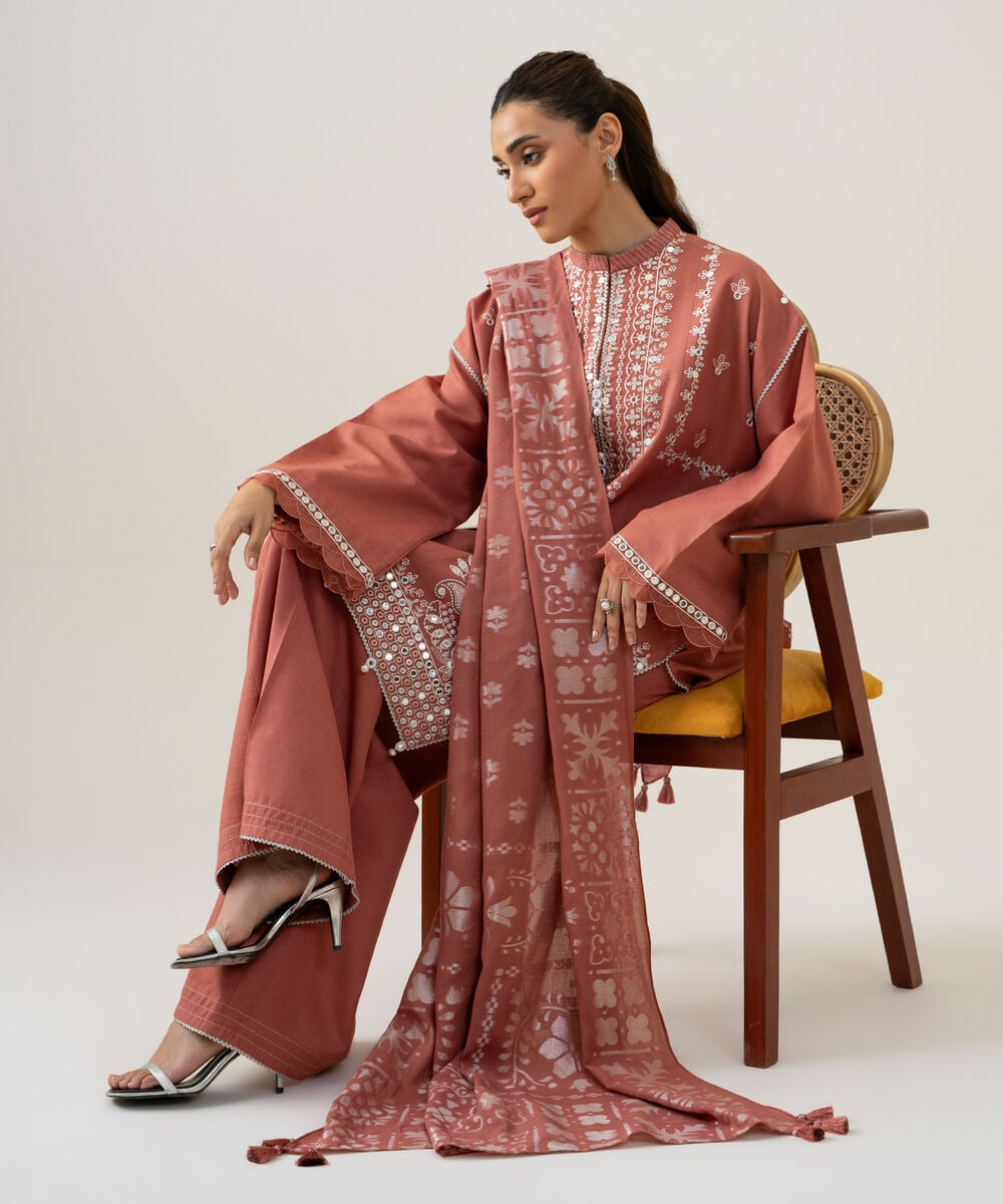 Women's Unstitched Light Khaddar Embroidered Pink 3 Piece Suit