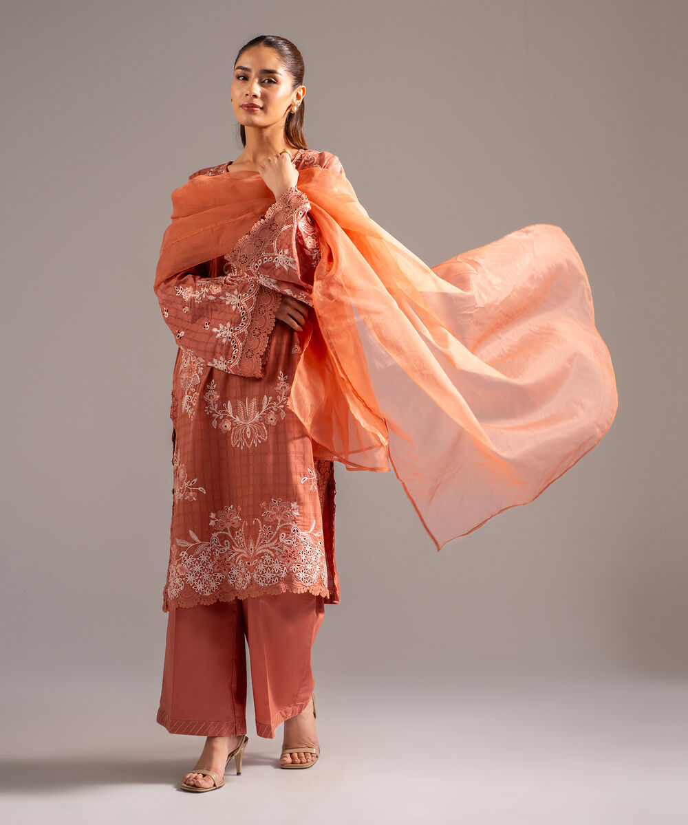 Women's RTW Dobby Embroidered Coral 3 Piece Suit